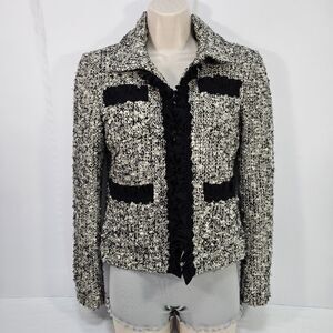 DStudio Tweed Wool Blend Ruffle Front Blazer Jacket Black White Size 2 Preppy